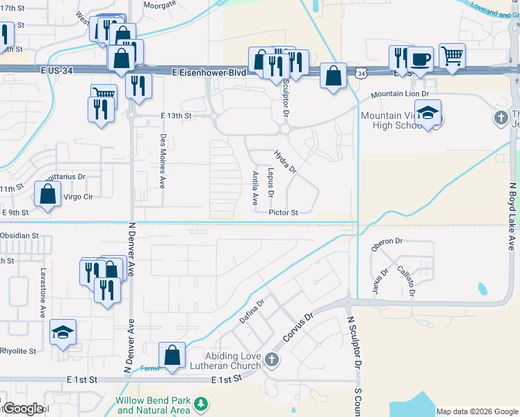 map of restaurants, bars, coffee shops, grocery stores, and more near 896 Antila Avenue in Loveland