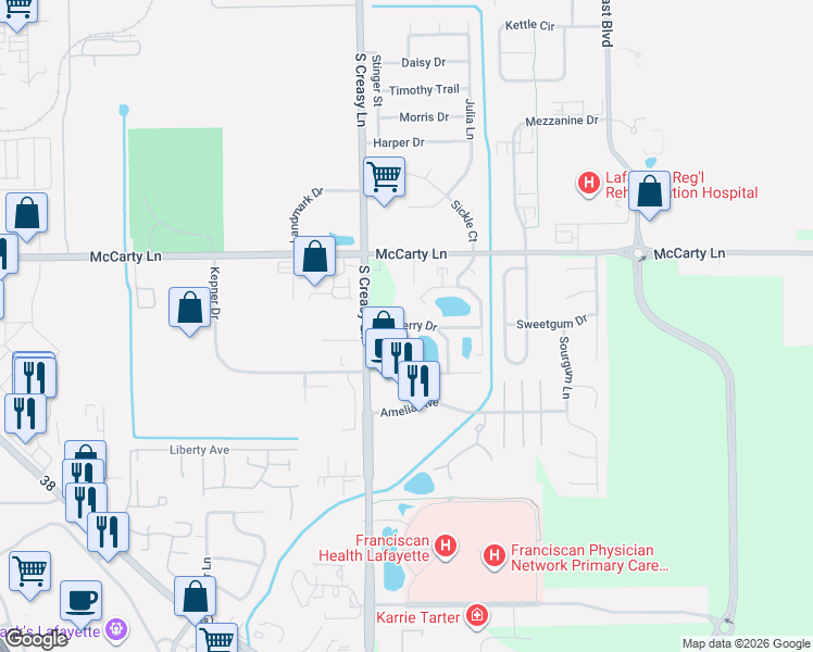 map of restaurants, bars, coffee shops, grocery stores, and more near 3804 Burberry Drive in Lafayette