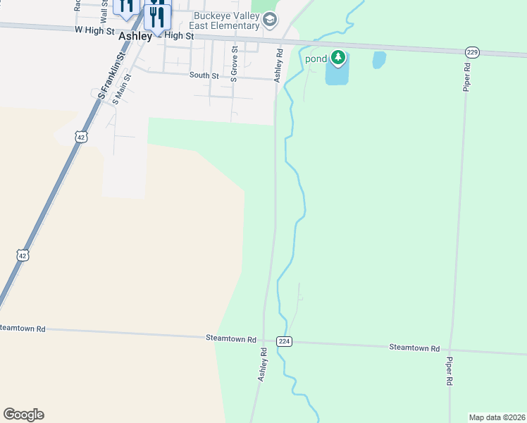 map of restaurants, bars, coffee shops, grocery stores, and more near 9101 County Road 243 in Ashley
