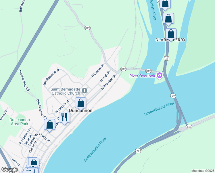 map of restaurants, bars, coffee shops, grocery stores, and more near 1116 North Market Street in Duncannon