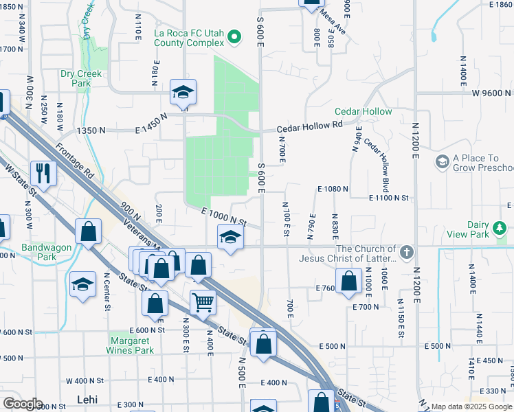 map of restaurants, bars, coffee shops, grocery stores, and more near 1065 North 600 East Street in Lehi