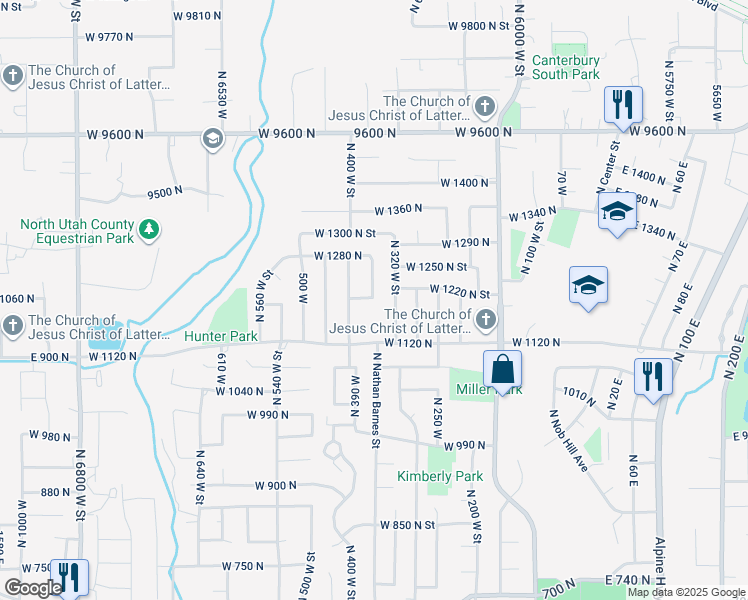 map of restaurants, bars, coffee shops, grocery stores, and more near 349 1200 North in American Fork
