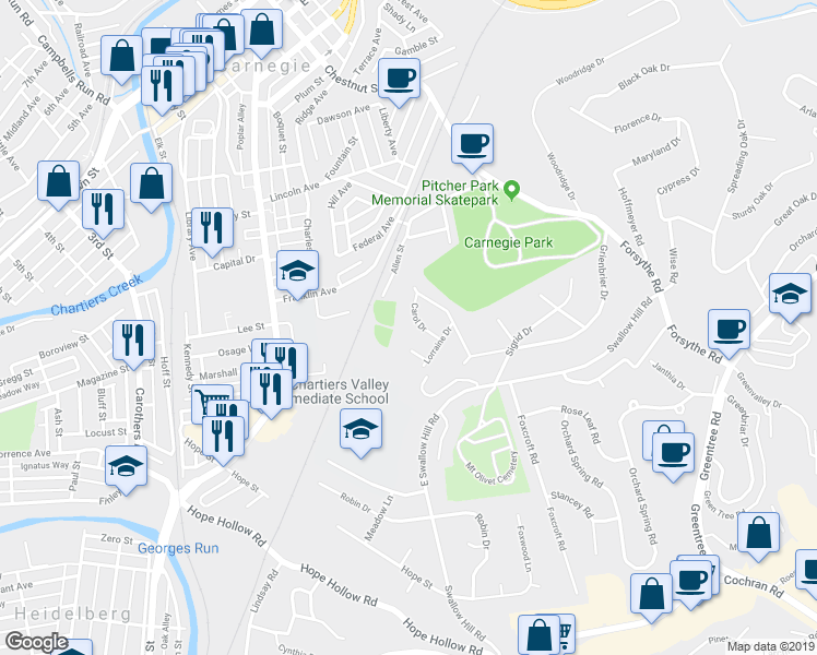 map of restaurants, bars, coffee shops, grocery stores, and more near 56 Carol Drive in Carnegie
