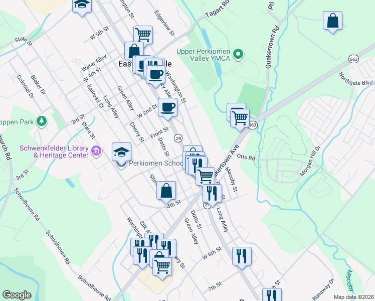 map of restaurants, bars, coffee shops, grocery stores, and more near 164 Main Street in Pennsburg