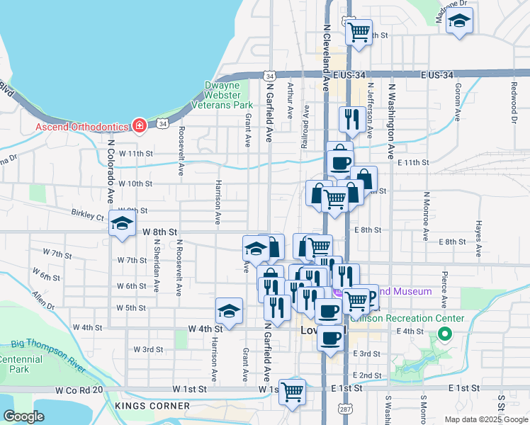 map of restaurants, bars, coffee shops, grocery stores, and more near 827 North Garfield Avenue in Loveland