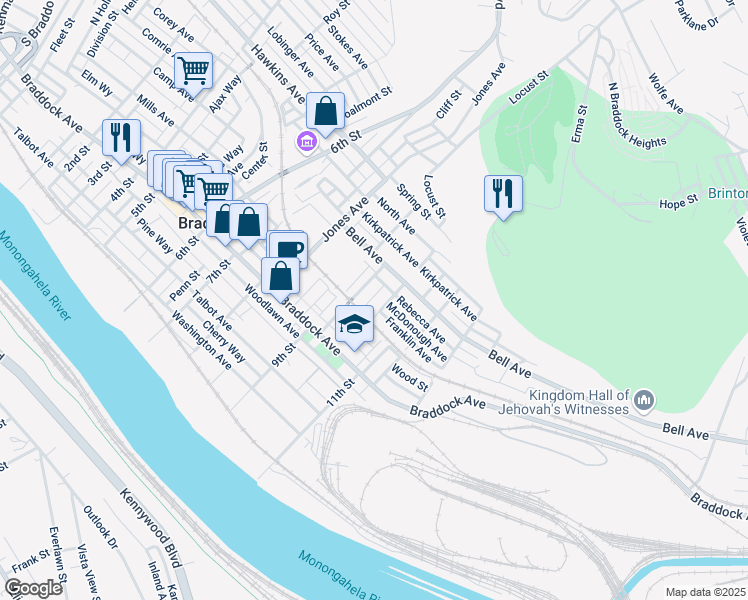 map of restaurants, bars, coffee shops, grocery stores, and more near 512 Primrose Way in Braddock