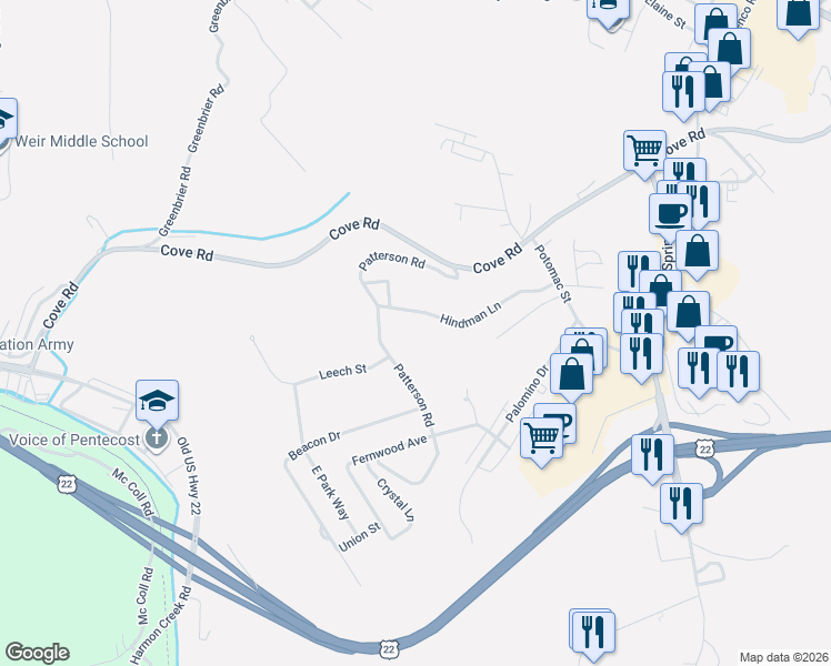 map of restaurants, bars, coffee shops, grocery stores, and more near 106 Hindman Lane in Weirton