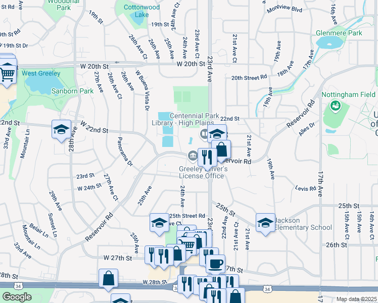 map of restaurants, bars, coffee shops, grocery stores, and more near 2420 West Reservoir Road in Greeley