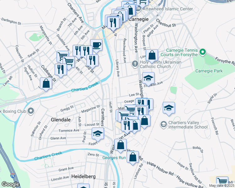 map of restaurants, bars, coffee shops, grocery stores, and more near 848 Kennedy Street in Carnegie