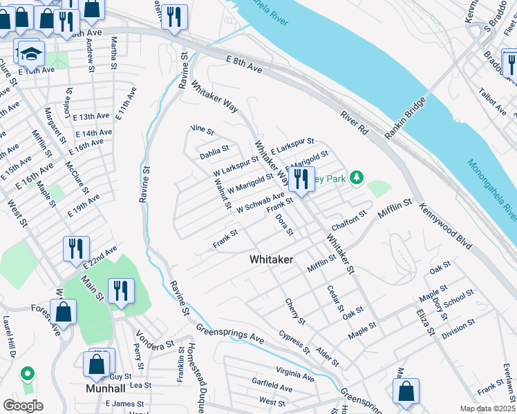 map of restaurants, bars, coffee shops, grocery stores, and more near 140 Frank Street in Homestead