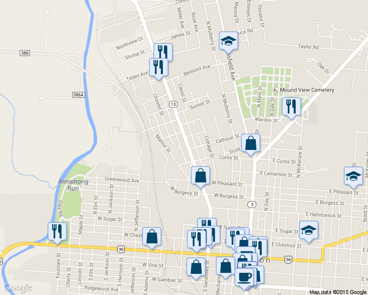 map of restaurants, bars, coffee shops, grocery stores, and more near 613 North Sandusky Street in Mount Vernon