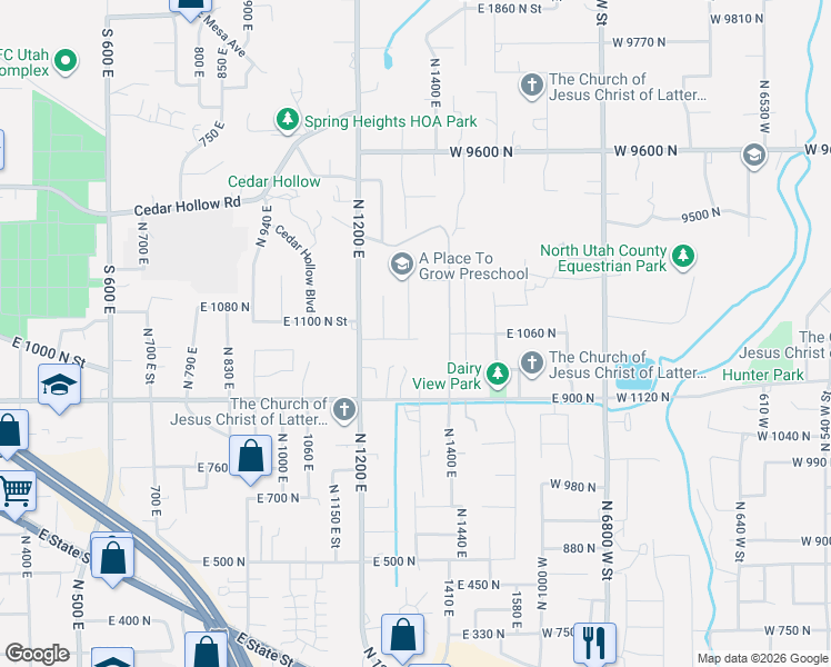 map of restaurants, bars, coffee shops, grocery stores, and more near 1104 North 1300 East in Lehi