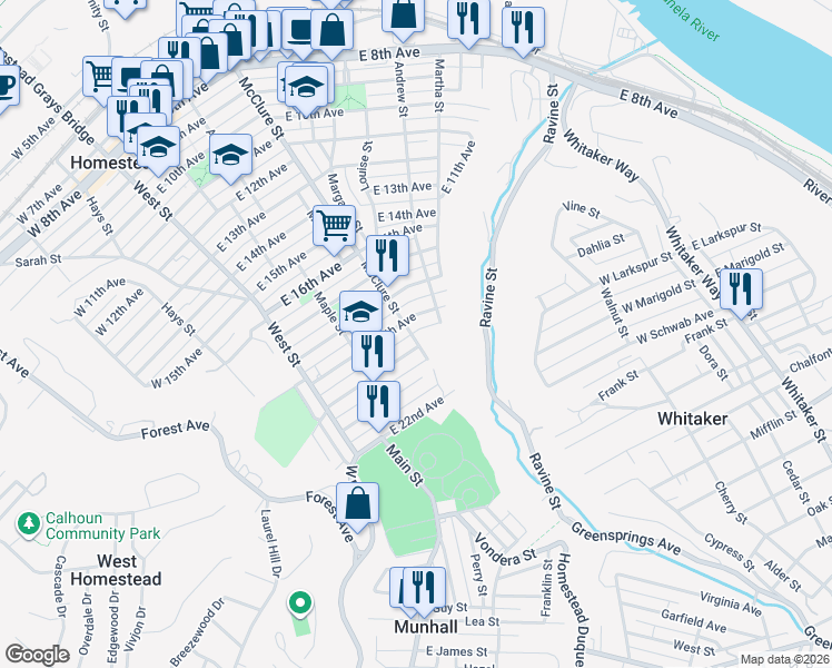 map of restaurants, bars, coffee shops, grocery stores, and more near 1911 McClure Street in Homestead