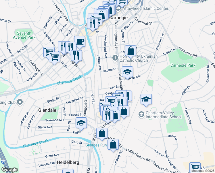 map of restaurants, bars, coffee shops, grocery stores, and more near 123 Lee Street in Carnegie