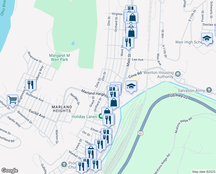 map of restaurants, bars, coffee shops, grocery stores, and more near 3514 Orchard Street in Weirton