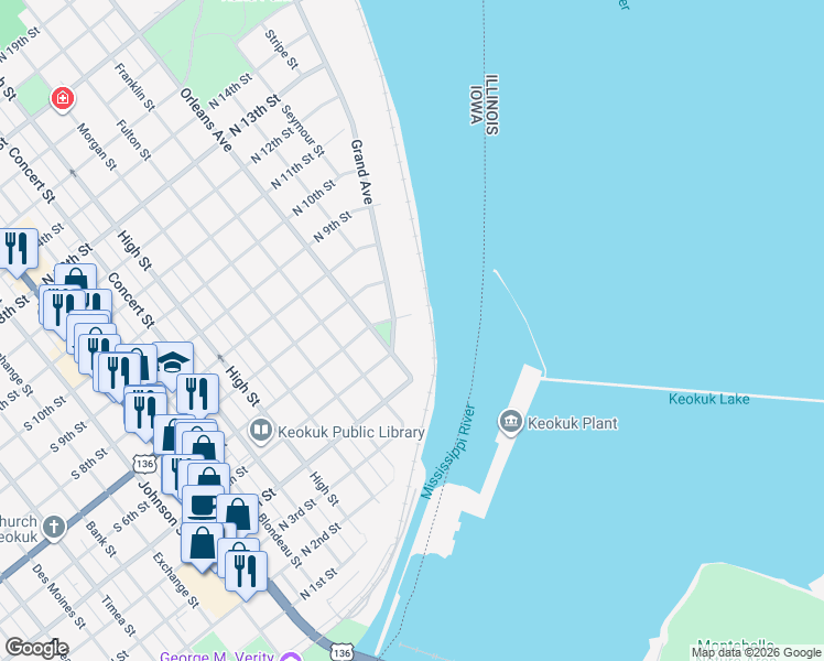 map of restaurants, bars, coffee shops, grocery stores, and more near 11 Park Place in Keokuk