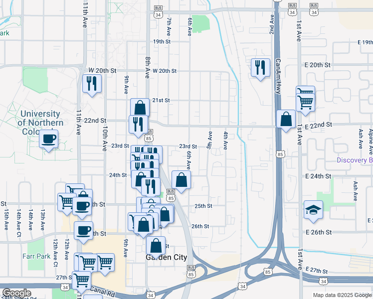 map of restaurants, bars, coffee shops, grocery stores, and more near 602 23rd Street in Greeley