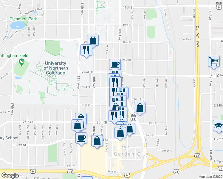 map of restaurants, bars, coffee shops, grocery stores, and more near 2302 9th Avenue in Greeley