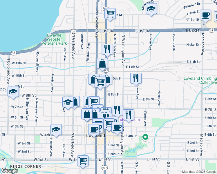 map of restaurants, bars, coffee shops, grocery stores, and more near 845 North Jefferson Avenue in Loveland