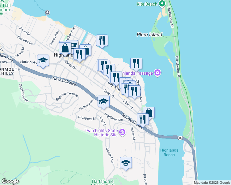 map of restaurants, bars, coffee shops, grocery stores, and more near 78 Miller Street in Highlands
