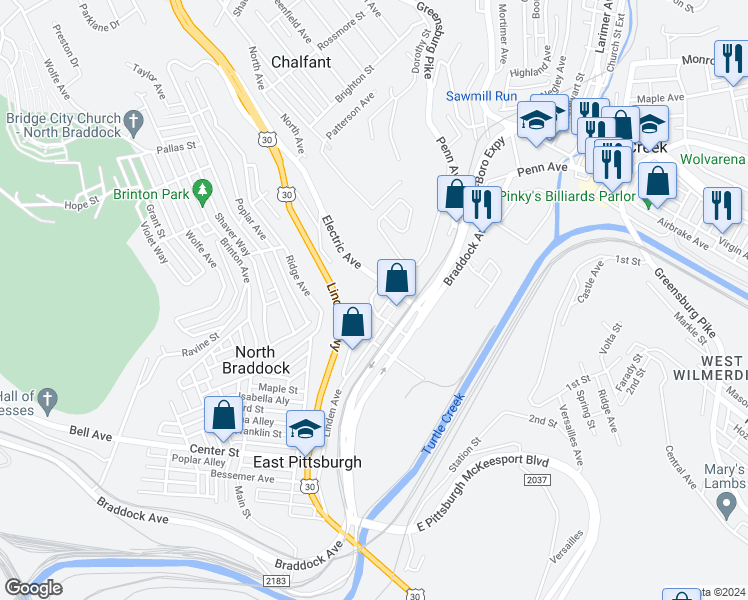 map of restaurants, bars, coffee shops, grocery stores, and more near 806 Wood Street in East Pittsburgh