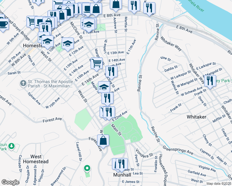 map of restaurants, bars, coffee shops, grocery stores, and more near 1909 McClure Street in Homestead