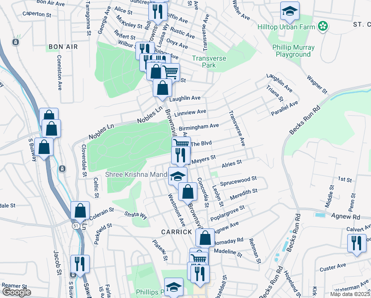 map of restaurants, bars, coffee shops, grocery stores, and more near 1503 Brownsville Road in Pittsburgh
