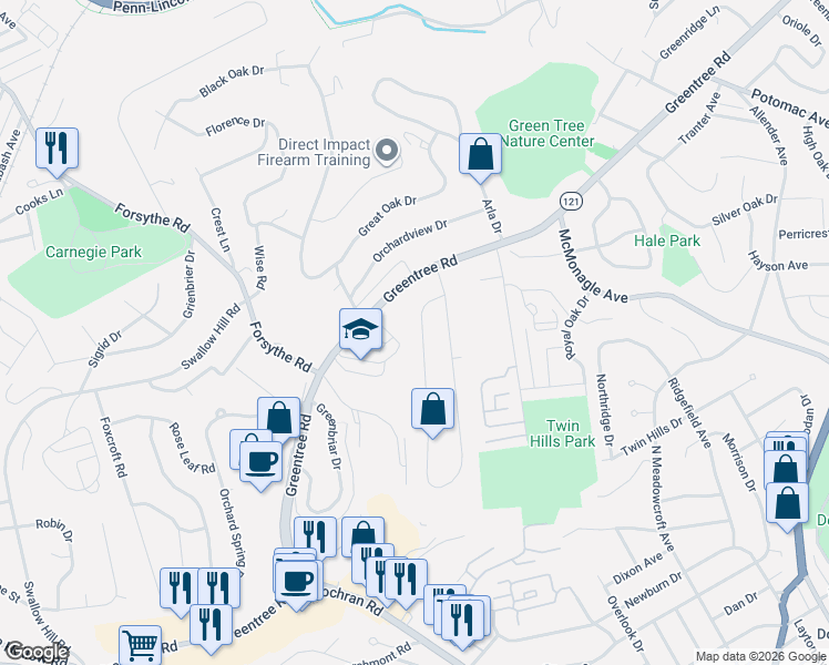 map of restaurants, bars, coffee shops, grocery stores, and more near 141 Cherrydell Drive in Pittsburgh