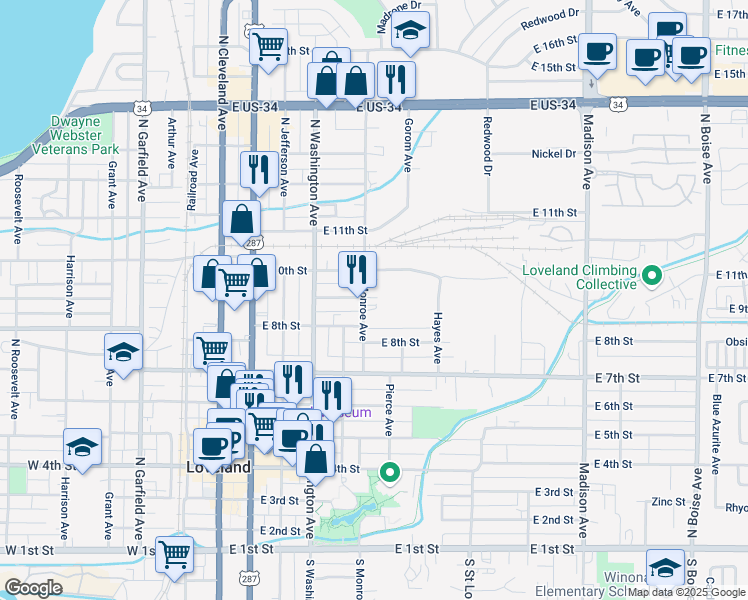 map of restaurants, bars, coffee shops, grocery stores, and more near 850 Monroe Avenue in Loveland