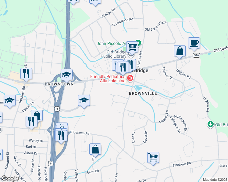 map of restaurants, bars, coffee shops, grocery stores, and more near 68 Sharon Court in Old Bridge