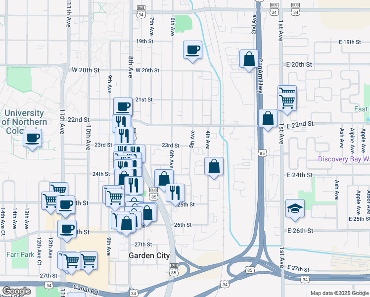 map of restaurants, bars, coffee shops, grocery stores, and more near 502 23rd Street in Greeley