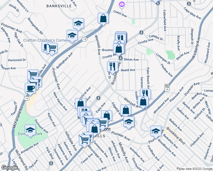 map of restaurants, bars, coffee shops, grocery stores, and more near 2606 Broadway Avenue in Pittsburgh