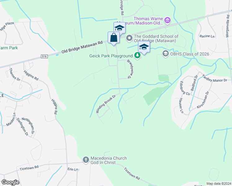 map of restaurants, bars, coffee shops, grocery stores, and more near 6 Winding Brook Drive in Matawan