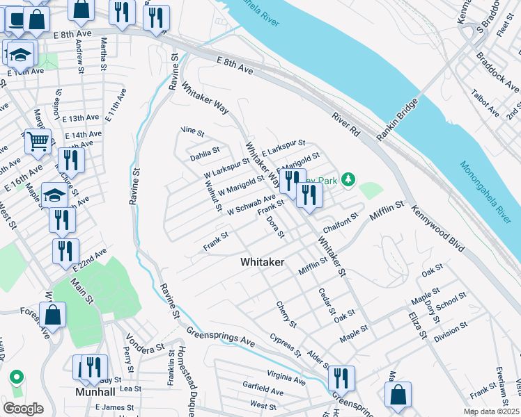map of restaurants, bars, coffee shops, grocery stores, and more near 140 Frank Street in Homestead