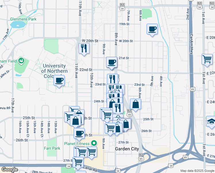 map of restaurants, bars, coffee shops, grocery stores, and more near 2302 9th Avenue in Greeley