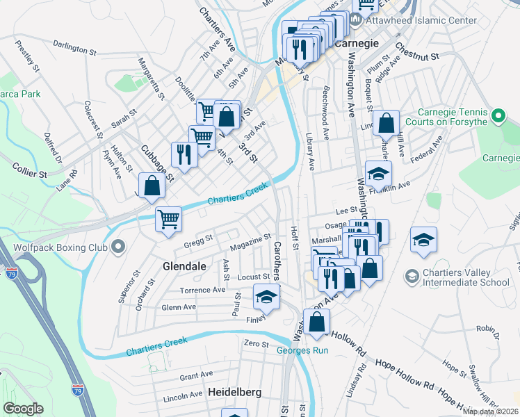 map of restaurants, bars, coffee shops, grocery stores, and more near 125 Boroview Street in Carnegie