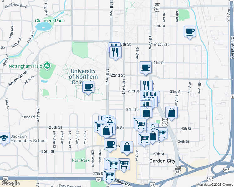 map of restaurants, bars, coffee shops, grocery stores, and more near 1016 23rd Street in Greeley