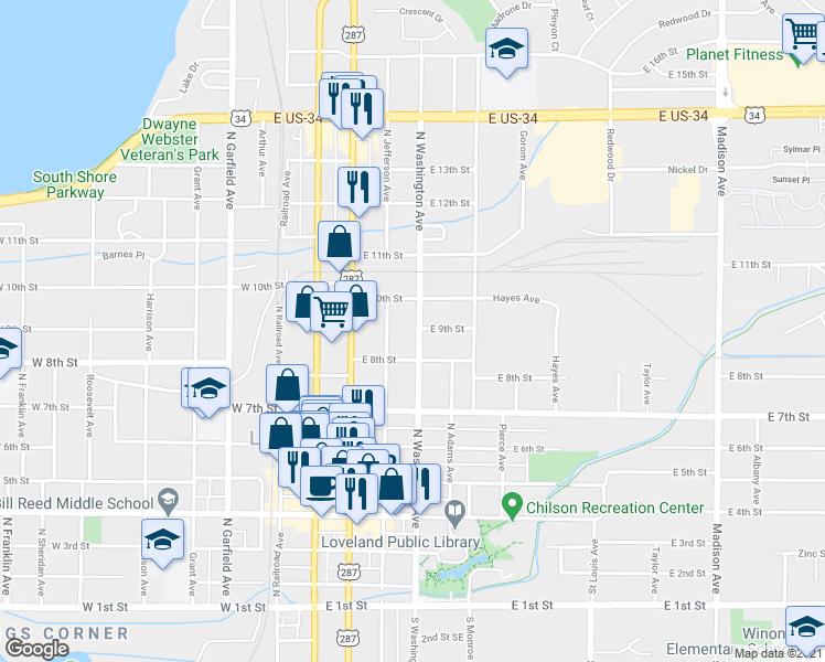 map of restaurants, bars, coffee shops, grocery stores, and more near 845 North Washington Avenue in Loveland