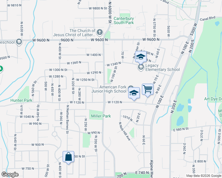 map of restaurants, bars, coffee shops, grocery stores, and more near 1232 North 100 West in American Fork
