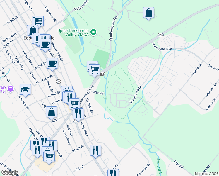 map of restaurants, bars, coffee shops, grocery stores, and more near 2020 Morgan Hill Drive in Pennsburg
