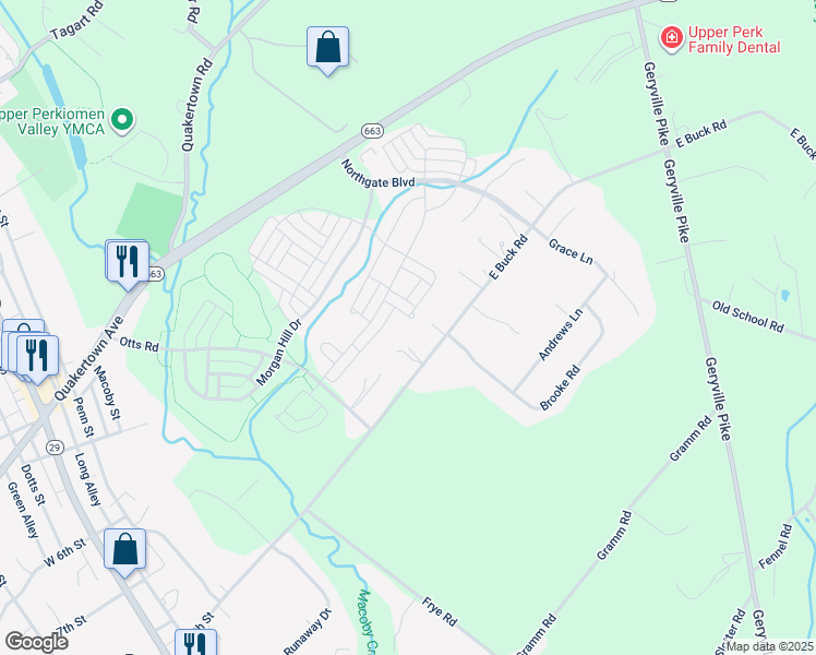 map of restaurants, bars, coffee shops, grocery stores, and more near 2121 Larkspur Court in Pennsburg