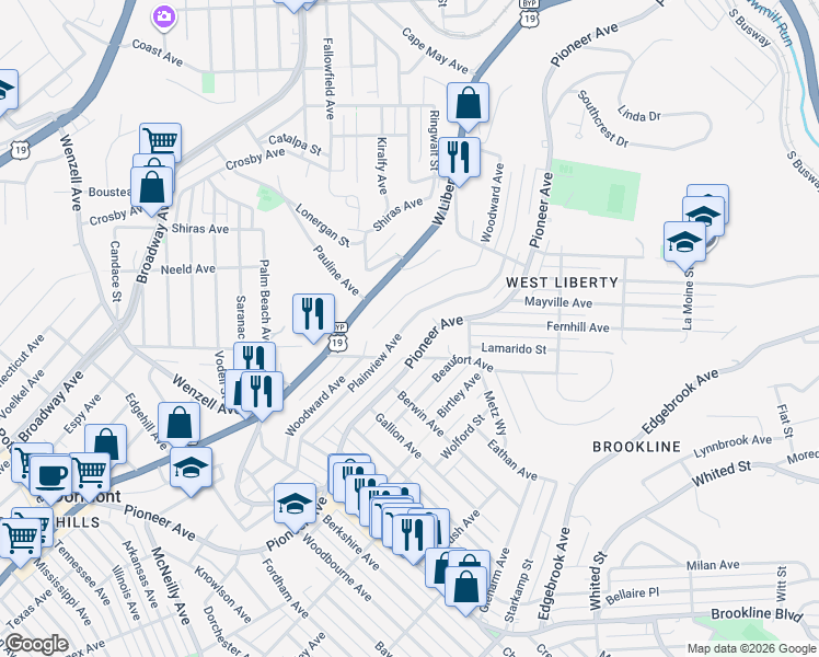 map of restaurants, bars, coffee shops, grocery stores, and more near 2123 Plainview Avenue in Pittsburgh