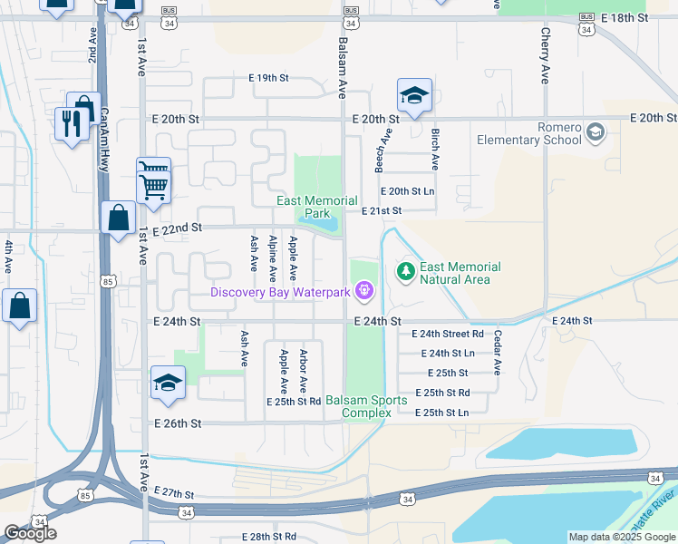 map of restaurants, bars, coffee shops, grocery stores, and more near 2225 Balsam Ave in Greeley