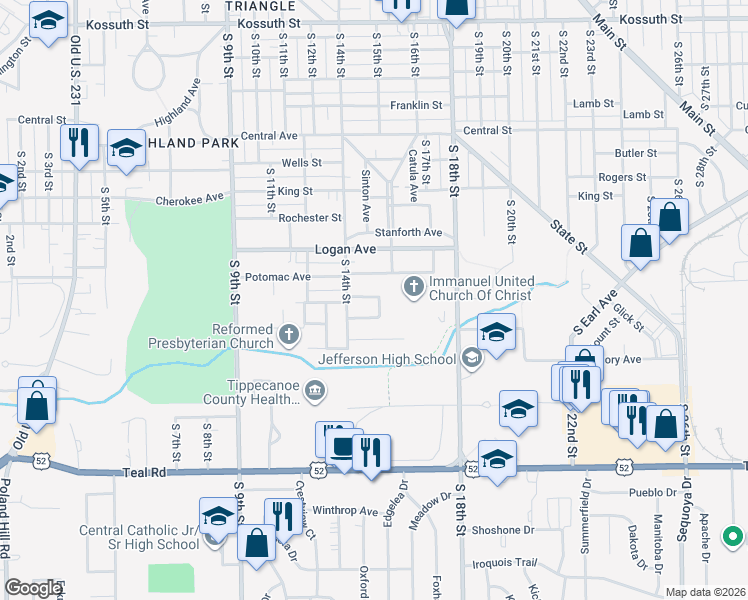 map of restaurants, bars, coffee shops, grocery stores, and more near 1413 Oak Ct in Lafayette