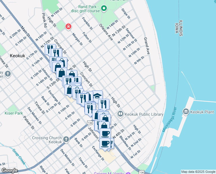 map of restaurants, bars, coffee shops, grocery stores, and more near 315 N 9th St in Keokuk