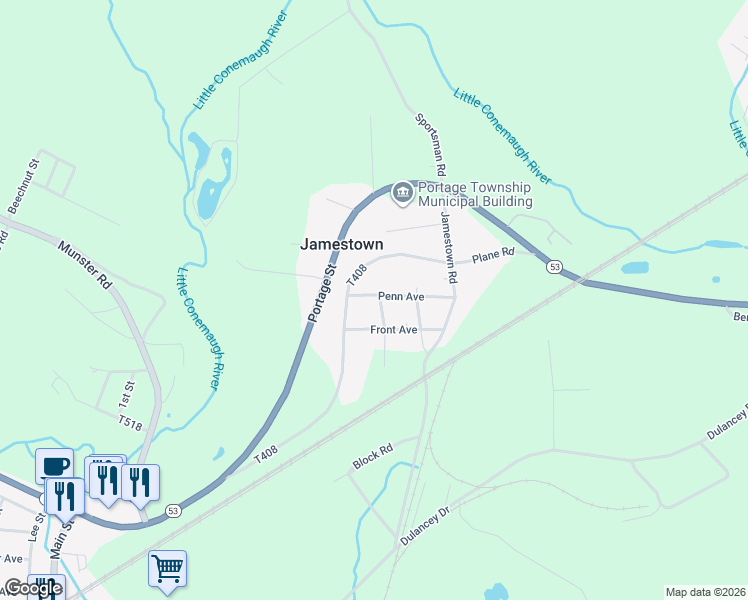 map of restaurants, bars, coffee shops, grocery stores, and more near 175 Penn Avenue in Portage