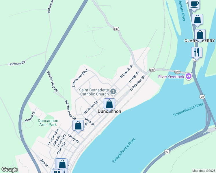 map of restaurants, bars, coffee shops, grocery stores, and more near 909 North Lincoln Street in Duncannon