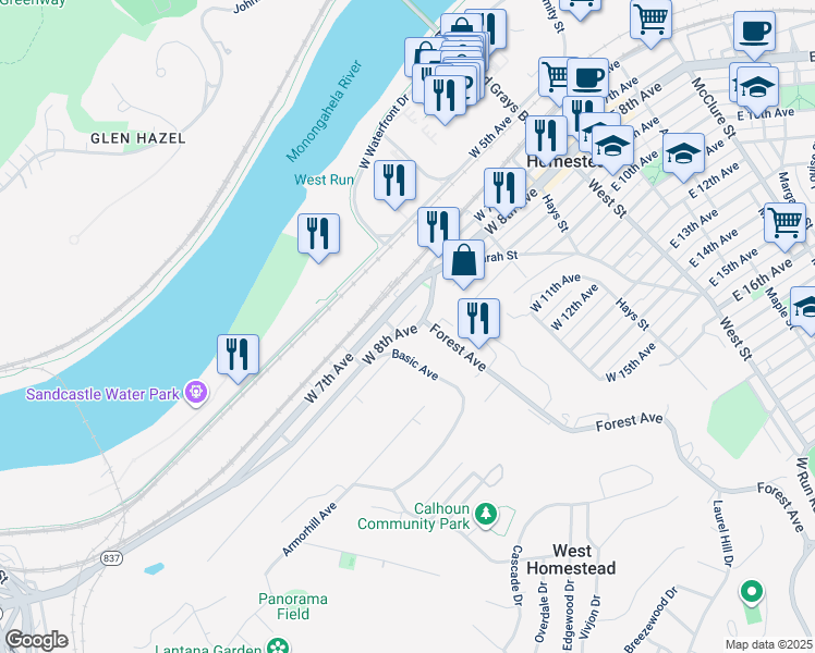 map of restaurants, bars, coffee shops, grocery stores, and more near 477 West 8th Avenue in West Homestead