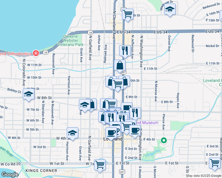 map of restaurants, bars, coffee shops, grocery stores, and more near 873 Cleveland Ave in Loveland
