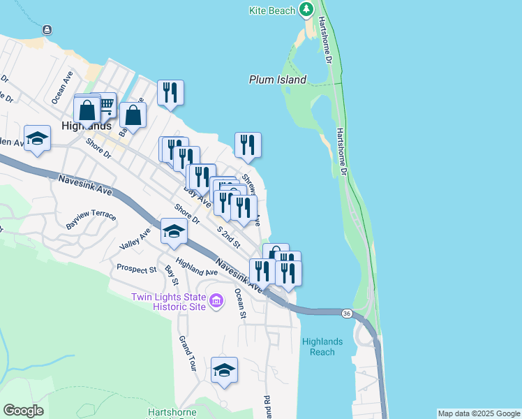 map of restaurants, bars, coffee shops, grocery stores, and more near 36 Shrewsbury Avenue in Highlands